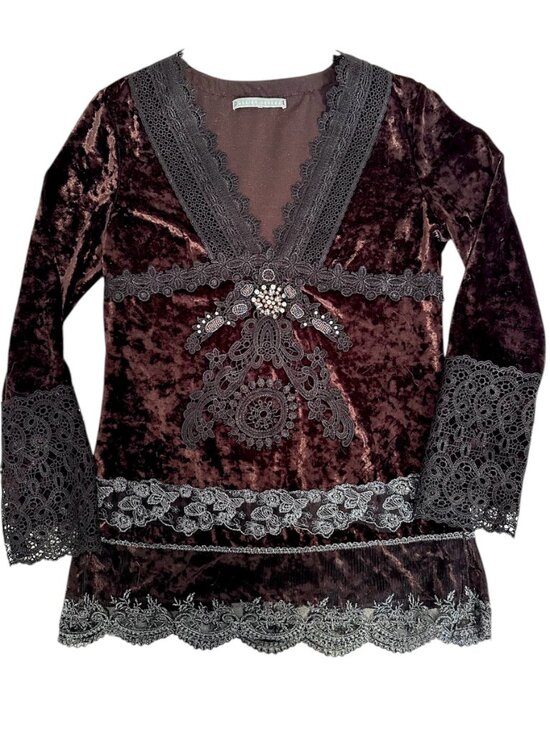 Passion Concept Tops - Brown Velvet Black Lace Embellished Beaded Fairycore Top Vintage Y2K